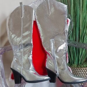 Shoe Dazzle Silver Heeled Boots with Glossy Finish